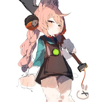 1girl absurdres animal_ear_fluff animal_ears braid braided_twintails bright_pupils charm_(object) closed_mouth cowboy_shot furry furry_female green_shirt half-closed_eyes hand_up highres holding holding_sword holding_weapon katata long_hair looking_at_viewer over_shoulder pink_fur pink_hair rabbit_ears rabbit_girl red_eyes shirt short_eyebrows simple_background solo sword thick_eyebrows weapon weapon_over_shoulder white_background white_pupils zenless_zone_zero zhao_(zenless_zone_zero)