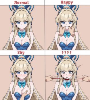 1girl 1other ? ?? animal_ears asphyxiation bare_shoulders blonde_hair blue_archive blue_bow blue_bowtie blue_eyes blue_halo blue_leotard blush bow bowtie breasts cleavage commentary disembodied_hand english_commentary english_text expression_chart fake_animal_ears grabbing_another&#039;s_breast groping halo highres hippo_power leotard long_hair medium_breasts multiple_expressions official_alternate_costume simple_background smile strangling sweat toki_(blue_archive) toki_(bunny)_(blue_archive)