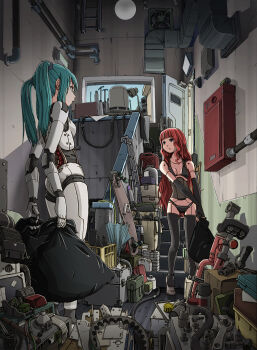 2girls android aqua_hair bag bikini highres joints junk long_hair messy_room multiple_girls original industrial_pipe plastic_bag red_hair robot_joints stairs sukabu swimsuit thighhighs tools trash_bag twintails