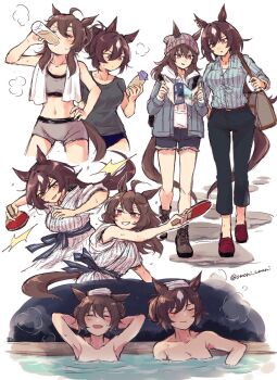 2girls ahoge animal_ears arms_behind_head beanie black_buruma brown_hair buruma commentary_request crotch_rub drinking ears_through_headwear green_pants green_shirt grey_hat grey_jacket grey_shirt grey_shorts grey_sports_bra grin hair_between_eyes hand_on_own_hip hat highres horse_ears horse_girl horse_tail jacket long_hair long_sleeves masturbation multiple_girls multiple_views nakayama_festa_(casual)_(umamusume) nakayama_festa_(umamusume) namuko navel paddle pants purple_eyes red_shoes same-sex_bathing shared_bathing shirt shoes short_sleeves shorts sirius_symboli_(casual)_(umamusume) sirius_symboli_(umamusume) smile sports_bra swimsuit table_humping table_tennis_paddle tail towel towel_around_neck towel_on_head twitter_username umamusume