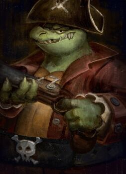 Rule 34 | 1boy, antique firearm, belt, belt buckle, blunderbuss, buckle, donkey kong (series), donkey kong country, donkey kong country 2, firearm, firelock, flintlock, grin, gun, hat, highres, holding, holding gun, holding weapon, king k. rool, looking at viewer, luis huerta, musket, nintendo, petticoat, pirate, pirate hat, sharp teeth, skull and crossbones, smile, solo, teeth, upper body, weapon