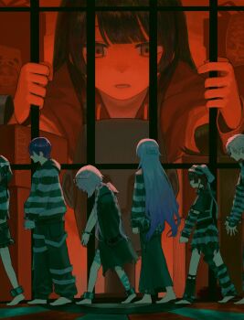 Rule 34 | 3boys, 3girls, alternate costume, bandages, barefoot, black hair, braid, cuffs, eyewear on head, glass, hada (curlyha1r), handcuffs, head down, highres, holding, hoshirube sho, kenmochi touya, kuzuha (nijisanji), long hair, multicolored hair, multiple boys, multiple girls, multiple hair clips, nijisanji, official alternate costume, pink hair, pointy ears, prison, prison cell, prison clothes, purple hair, rabbit ear hat, sasaki saku, shiina yuika, short hair, staring, striped clothes, torn clothes, tsukino mito, twin braids, twintails, virtual youtuber, white hair