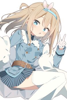 1girl :o absurdres belt blonde_hair blue_eyes blue_hairband blue_shirt blue_skirt blush brown_belt buttons collared_shirt commentary commission contrast_collar double-breasted feet_out_of_frame girls&#039;_frontline hairband hand_up highres long_hair long_sleeves looking_at_viewer miniskirt open_mouth pleated_skirt shirt simple_background skeb_commission skirt solo suomi_(girls&#039;_frontline) thighhighs urotsuki_(ku9625) v white_background white_thighhighs