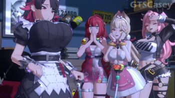 Rule 34 | 3d, 4girls, alice thymefield, animated, apron, blonde hair, bouncing breasts, breasts, closed eyes, ellen joe, gtscasey, happy, huge breasts, jiggle, jumping, long hair, looking at viewer, maid, maid apron, maid headdress, medium breasts, medium hair, multiple girls, nicole demara, open mouth, pink hair, red hair, smile, sound, ukinami yuzuha, video, zenless zone zero