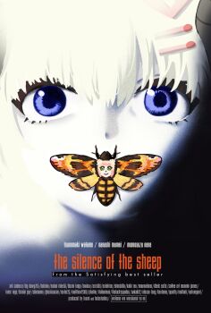 2girls bing_huyue blonde_hair blue_eyes bug butterfly commentary english_commentary english_text hair_ornament hairclip highres hololive insect looking_at_viewer momosuzu_nene movie_poster_(medium) multiple_girls the_silence_of_the_lambs tsunomaki_watame virtual_youtuber