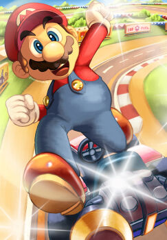 Rule 34 | 1boy, arm up, big nose, blue eyes, blue overalls, blue sky, brown hair, brown shoes, buttons, car, clenched hands, cloud, commentary, day, english commentary, facial hair, full body, gloves, happy, hat, highres, jumping, lens flare, long sleeves, looking at viewer, male focus, maribou (supermaribou), mario, mario (series), mario kart, mario kart 8, motor vehicle, mustache, newsboy cap, nintendo, open mouth, outdoors, overalls, racetrack, red hat, red shirt, road, shirt, shoes, short hair, sign, sky, smile, solo, steering wheel, street, teeth, tree, upper teeth only, white gloves