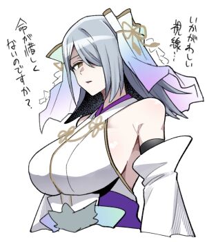 1girl bare_shoulders breasts commentary_request detached_sleeves disgust duel_masters duel_masters_play's grey_hair hair_ornament hair_over_one_eye highres japanese_clothes kimono large_breasts long_sleeves looking_at_viewer miko obi parted_lips rainbow_gradient sash sideboob simple_background sleeveless solo talking toriyarou veil wedding_(duel_masters) wedding_(zenith_of_lies)_(duel_masters) white_background white_kimono white_sleeves yellow_eyes