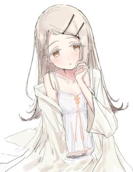 1girl belt black_belt blonde_hair blush camisole collarbone colored_eyelashes earrings flat_chest flipped_hair gakuen_idolmaster gradient_hair grey_hair hair_ornament hairclip hand_on_own_face hand_up hashtag-only_commentary idolmaster jewelry long_hair long_sleeves looking_at_viewer midriff_peek multicolored_hair orange_eyes orange_ribbon ozawa_0v0 parallel_hairclips parted_bangs ribbon robe rope_belt shinosawa_hiro simple_background single_off_shoulder solo stud_earrings upper_body white_background white_camisole white_robe wide_sleeves