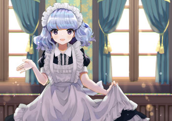 1girl :d apron ayame_(3103942) black_dress blue_hair blurry blush bokeh center_frills collared_dress commentary_request curtains depth_of_field dress frilled_apron frills highres looking_at_viewer maid maid_headdress medium_hair open_mouth original puffy_short_sleeves puffy_sleeves purple_eyes short_sleeves skirt_hold smile solo white_apron window