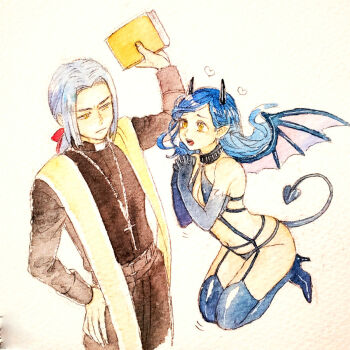 1boy 1girl black_gloves blue_hair book boots commentary_request cross cross_necklace demon_girl demon_horns demon_tail demon_wings elbow_gloves ferdinand_(honzuki_no_gekokujou) garter_straps gloves grey_hair hair_ribbon halterneck hand_on_own_hip heart high_heel_boots high_heels highres hitsuki_(hiidukii) holding holding_book honzuki_no_gekokujou horns jewelry long_hair myne_(honzuki_no_gekokujou) necklace open_mouth own_hands_clasped own_hands_together pointy_ears priest ribbon stole tail thigh_boots traditional_media watercolor_pencil_(medium) wings yellow_eyes