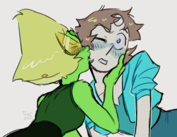 2girls absurdres blonde_hair blue_jacket blush closed_eyes colored_skin cropped_jacket fake_doe forehead_jewel gem green_skin highres jacket kiss kissing_cheek multiple_girls one_eye_closed pearl_(gemstone) pearl_(steven_universe) peridot_(steven_universe) puffy_short_sleeves puffy_sleeves short_sleeves signature steven_universe white_skin yuri