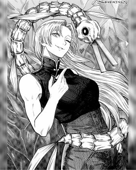 1girl breasts chinese_clothes commentary greyscale hand_on_own_hip heart high-waist_pants highres instagram_username jujutsu_kaisen large_breasts long_hair monochrome one_eye_closed pants pillarboxed seveninks smile solo toned toned_female tsukumo_yuki_(jujutsu_kaisen) upper_body very_long_hair