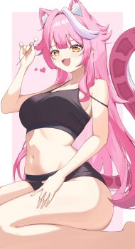 1girl absurdres animal_ears black_bra black_shorts blush bra breasts collarbone commentary fangs highres holding hololive hololive_english large_breasts long_hair mimikaki multicolored_hair navel open_mouth panther_ears panther_girl panther_tail pink_hair pink_tail raora_panthera shorts simple_background skin_fangs smile solo stomach strap_slip streaked_hair tail thighs two-tone_hair underwear virtual_youtuber white_background yellow_eyes yuni_animal_(remyi_3)