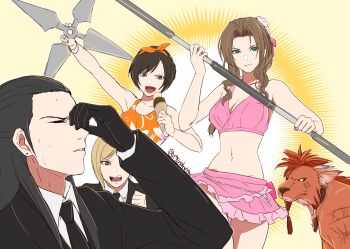 1boy 3girls absurdres aerith_gainsborough aerith_gainsborough_(pink_mermaid) animal_ears bare_arms bare_shoulders beads bikini bindi black_gloves black_hair black_jacket black_necktie blonde_hair breasts brown_hair cleavage clenched_hand closed_eyes collared_shirt costa_del_sol cowboy_shot crop_top earrings elena_(ff7) fighting_stance final_fantasy final_fantasy_vii final_fantasy_vii_rebirth final_fantasy_vii_remake flower frilled_bikini frills frown furrowed_brow gloves green_eyes hair_beads hair_flower hair_ornament hair_ribbon hairband highres holding holding_ice_cream_cone holding_shuriken holding_staff holding_weapon hoop_earrings ice_cream_cone igusaharu jacket jewelry medium_breasts midriff multiple_girls navel necktie official_alternate_costume open_mouth orange_fur orange_hairband orange_shirt parted_bangs parted_lips pink_bikini pink_ribbon print_shirt red_hair red_xiii ribbon shirt short_hair shuriken sideboob sidelocks sleeveless sleeveless_shirt smile staff suit_jacket sweatdrop swept_bangs swimsuit tseng twitter_username wavy_hair weapon white_shirt yellow_eyes yuffie_kisaragi yuffie_kisaragi_(summer_orange)