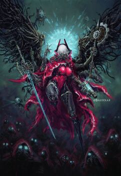 1girl absurdres adeptus_mechanicus axe baloolax black_mask bodysuit breasts cape extra_arms games_workshop grey_hair highres holding holding_axe large_breasts looking_at_viewer mechanical_arms mechanical_legs mechanical_wings red_bodysuit red_cape short_hair solo sword virtual_youtuber vshojo warhammer_40k weapon wings zentreya zentreya_(cyborg) zentreya_(cyborg)_(1st_costume)