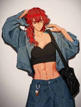 1girl abs absurdres bag black_shirt blue_jacket blue_pants closed_eyes closed_mouth collarbone commentary_request denim denim_jacket grey_background gundam gundam_suisei_no_majo highres hots_(gundam_suisei_no_majo) jacket jeans korean_commentary midriff pants shirt shoulder_bag snapagi solo suletta_mercury tank_top thick_eyebrows toned toned_female
