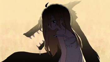 1girl absurdres ahoge animal black_eyes brown_hair dress drooling grey_dress highres long_hair looking_at_viewer looking_back orenjipiiru original sharp_teeth sleeveless sleeveless_dress standing strap_slip teeth wolf yellow_background