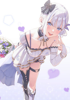 1girl :d absurdres arm_at_side asymmetrical_footwear asymmetrical_legwear black_bow blue_eyes blue_nails boots bouquet bow chop commentary detached_sleeves dress fangs flower foot_out_of_frame gradient_background grey_background hair_bow hand_up heart highres holding holding_bouquet hoonie_friends leaning_forward long_sleeves looking_at_viewer multicolored_hair nail_polish open_mouth short_dress short_hair sleeveless sleeveless_dress smile solo standing streaked_hair symbol-only_commentary taiga_torako thigh_strap v virtual_youtuber white_dress white_hair white_sleeves yukishima_momo