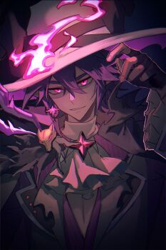 1boy absurdres alternate_costume aotu_world ascot black_background black_gloves black_jacket cape chinese_commentary demon_boy demon_horns earrings fingerless_gloves fire frilled_sleeves frills fur-trimmed_cape fur_trim gem gloves glowing glowing_eyes grin hair_between_eyes halloween_costume hand_up hat highres horns jacket jewelry long_sleeves looking_at_viewer male_focus molang419 parted_lips pointy_ears purple_eyes purple_fire purple_gemstone purple_hair purple_vest ray_(aotu_world) shirt short_hair single_earring smile solo turtleneck upper_body vest white_ascot white_hat white_shirt witch_hat
