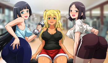 3girls ass black_hair black_tank_top blonde_hair blue_eyes blue_tank_top blush breasts brown_eyes brown_hair covered_erect_nipples curvy dark-skinned_female dark_skin dumbbell dumbbell_nan_kilo_moteru? green_eyes gym highres large_breasts leggings long_hair looking_at_viewer looking_back multiple_girls open_mouth sakura_hibiki sano_br shiny_skin shirt short_hair shorts smile souryuuin_akemi sweat tachibana_satomi tank_top thighs twintails white_shirt wide_hips
