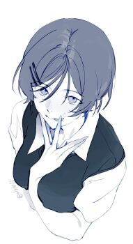 1girl arm_between_breasts between_breasts blue_theme breasts collared_shirt commentary cream cream_on_face food food_on_face from_above futsuu_no_keion-bu hair_ornament hairpin highres kouyama_rin licking licking_finger looking_at_viewer medium_breasts monochrome olys pixie_cut shirt short_hair short_sleeves solo sweater_vest symbol-only_commentary tongue tongue_out twitter_username upturned_eyes