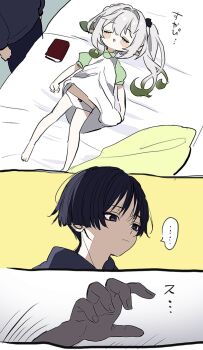 ... 1boy 1girl alternate_costume arms_at_sides barefoot black_bow black_eyes black_hair black_pants black_shirt black_sleeves blanket blunt_ends blush_stickers bow bright_pupils casual closed_eyes closed_mouth collar colored_tips contemporary dress expressionless eyelashes eyeliner eyeshadow fingernails genshin_impact gradient_hair green_collar green_sleeves grey_hair hair_between_eyes hair_bow hair_intakes hair_ornament half_crown_braid highres hirarinoie leaf leaf_hair_ornament long_hair long_sleeves lying makeup multicolored_hair nahida_(genshin_impact) on_back on_bed open_hand open_mouth panties pants pocketbook pointy_ears puffy_sleeves reaching reaching_towards_another red_eyeliner red_eyeshadow scaramouche_(genshin_impact) shirt side_ponytail sidelocks sketch speech_bubble spoken_ellipsis translation_request triangle_mouth tsurime underwear white_dress white_hair white_panties white_pupils wispy_bangs