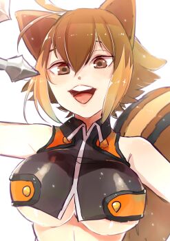animal_ears bare_shoulders blazblue breasts brown_eyes brown_hair crop_top large_breasts looking_at_viewer makoto_nanaya nomaaaa74 short_hair sleeveless squirrel_ears squirrel_tail tail tonfa underboob weapon white_background