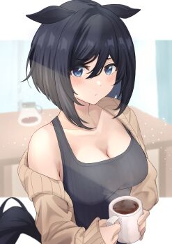 1girl :/ animal_ears beige_sweater black_hair black_tank_top blue_eyes blurry blurry_background blush breasts cleavage closed_mouth coffee coffee_mug coffee_pot collarbone commentary cup eishin_flash_(umamusume) hair_between_eyes highres holding holding_cup horse_ears horse_girl horse_tail looking_at_viewer medium_breasts mug short_hair single_bare_shoulder solo steam table tail tank_top tepechi umamusume upper_body