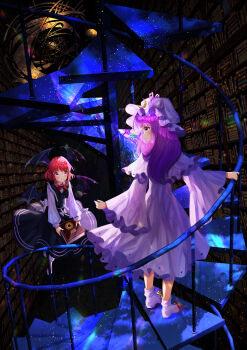 2girls armillary_sphere black_skirt black_vest black_wings blush book bookshelf bow bow_skirt bowtie closed_mouth collared_shirt commentary crescent crescent_hat_ornament dress dress_shirt flying footwear_bow frilled_dress frills hand_on_railing hat hat_ornament head_wings hexagram highres holding holding_book koakuma library long_dress long_hair long_sleeves looking_at_another mob_cap multiple_girls nettian51 patchouli_knowledge purple_dress purple_eyes purple_hair purple_hat red_bow red_bowtie red_eyes red_hair shirt shoes short_hair skirt sky_print smile socks spiral_staircase stairs touhou vest walking white_bow white_shirt white_shoes white_socks wings