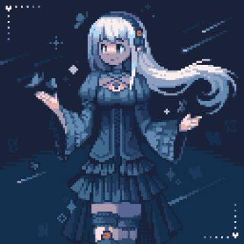 1girl animated animated_gif black_choker black_dress black_headband black_ribbon blue_eyes border bug butterfly choker commission commissioner_upload cross dress flower frilled_skirt frills hand_up headband insect legwear_garter long_hair looking_to_the_side makorie night night_sky non-web_source original pixel_art pointy_ears red_flower red_rose ribbon rose shaded_face shooting_star skirt sky smile white_border white_hair