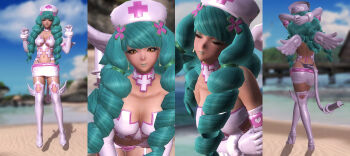 1girl 3d absurdres alternate_costume argyle_clothes diamond_cutout arms_behind_head ass back belt boots breasts cleavage closed_eyes clothing_cutout cross crossed_legs curly_hair drill_hair earrings elbow_gloves eyeshadow fake_tail female_focus fiore_brunelli full_body garter_straps gloves green_hair green_lips hair_ornament hand_on_own_hip hat heart high_heel_boots high_heels highres holding holding_weapon jewelry large_breasts leaning_forward leotard lipstick long_hair looking_at_viewer makeup midriff miniskirt navel needle nurse nurse_cap outdoors pink_gloves pink_thighhighs revealing_clothes sand skirt solo split_screen square_enix standing star_ocean star_ocean:_anamnesis star_ocean:_integrity_and_faithlessness tail thigh_boots thighhighs thong thong_leotard twin_drills twintails very_long_hair weapon wings yellow_eyes