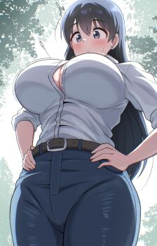 1girl absurdres arato_nagi belt black_hair blue_eyes blue_pants blush breasts bursting_breasts cleavage closed_mouth collared_shirt commentary_request denim earrings hair_between_eyes highres huge_breasts jeans jewelry kiteman442 outdoors pants popped_button ruri_no_houseki shirt sleeves_rolled_up solo standing stud_earrings sweat white_shirt