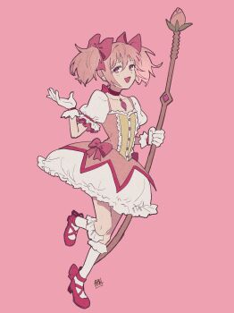 Rule 34 | 1girl, bow, bow (weapon), choker, dress, frilled socks, frills, full body, gloves, highres, holding, holding bow (weapon), holding weapon, kaname madoka, kaname madoka (magical girl), magical girl, mahou shoujo madoka magica, mahou shoujo madoka magica (anime), mochitose aguri, open mouth, pink background, pink bow, pink choker, pink dress, pink hair, pink theme, puffy short sleeves, puffy sleeves, red shoes, shoes, short sleeves, short twintails, signature, simple background, socks, solo, soul gem, square neckline, twintails, weapon, white gloves, white socks