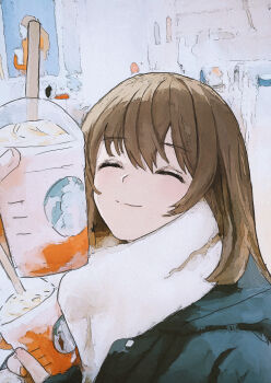 Rule 34 | 1girl, absurdres, black coat, black gloves, blush, brown hair, closed eyes, closed mouth, coat, commentary request, cup, disposable cup, fingerless gloves, gloves, highres, holding, holding cup, long hair, original, outdoors, ponta (matsuokazieg), scarf, smile, solo focus, upper body, white scarf