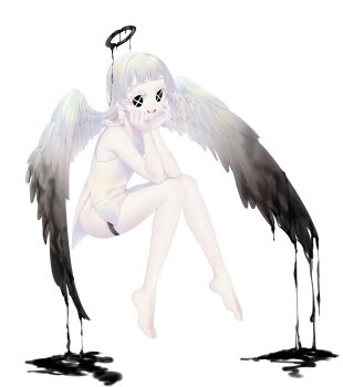 1girl absurdres angel angel_wings bare_legs barefoot black_eyes dress feathered_wings flat_chest full_body gradient_wings halo highres looking_at_viewer melting_halo multicolored_wings original short_dress short_hair smile solo symbol-shaped_pupils white_dress white_hair wings x-shaped_pupils yu1_na12