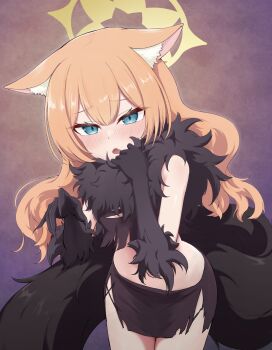 1girl absurdres animal_ears black_gloves blonde_hair blue_archive blue_eyes breasts gloves halo highres kazusa_(blue_archive) kazusa_(halloween)_(blue_archive) looking_at_viewer mari_(blue_archive) navel open_mouth shiroiurushi small_breasts solo standing yellow_halo