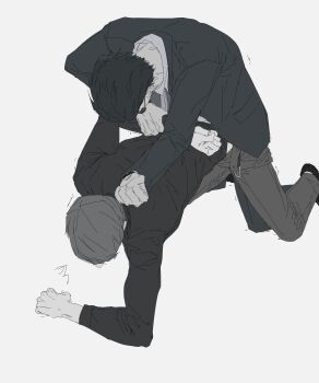 2boys absurdres anal arm_behind_back behind_another belt bent_over black_coat black_hair black_shoes blazer clenched_hands clothes_lift coat commentary_request doggystyle dress_shirt facing_another facing_down garrote goldgalchi grey_hair grey_pants hand_on_another's_arm hand_on_ground highres holding holding_rope jacket kneeling korean_commentary leaning_forward leaning_on_person looking_at_another looking_down male_focus multiple_boys muted_color open_belt open_clothes open_coat open_fly original pants rape restrained rope rope_around_neck sex sex_from_behind shirt shirt_lift shoes sketch strangling sunglasses trembling unfinished white_background white_coat white_shirt wire yaoi