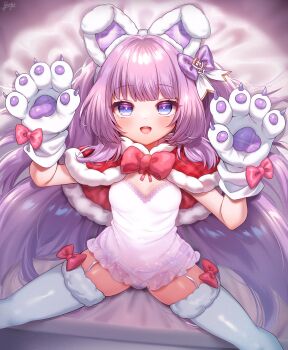 1girl :d alternate_costume animal_ears animal_hands azur_lane blue_eyes bow bow_panties bowtie breasts capelet cat_ears cat_paws dress fake_animal_ears fur-trimmed_capelet fur-trimmed_thighhighs fur_trim gloves hair_bow highres long_hair looking_at_viewer lying on_back open_mouth panties paw_gloves purple_bow purple_hair red_bow red_bowtie red_capelet see-through_clothes see-through_dress short_dress small_breasts smile solo spread_legs tashkent_(azur_lane) teeth thighhighs underwear upper_teeth_only very_long_hair white_dress white_panties white_thighhighs yufukiri