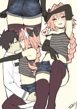 2boys armpits ass astolfo_(fate) black_choker blush braid brown_hair chaldea_uniform choker denim denim_shorts elbow_gloves fang fate/apocrypha fate/grand_order fate_(series) french_kiss fujimaru_ritsuka_(male) gloves grabbing_another's_ass groping hair_intakes heart heart-shaped_pupils highres kiss long_braid looking_at_viewer male_focus midriff multicolored_hair multiple_boys multiple_views navel open_fly pink_hair shorts simple_background single_braid sitting sitting_on_lap sitting_on_person skin_fang sky-freedom spoken_heart straddling strap_slip streaked_hair symbol-shaped_pupils thighhighs thighs tongue tongue_out trap upright_straddle yaoi
