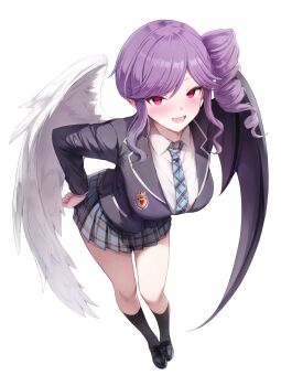 1girl asymmetrical_wings black_jacket black_shoes black_skirt black_socks blazer breasts collared_shirt commission full_body highres hitsuki_(hitsuki_fundraw) jacket kneehighs large_breasts long_hair long_sleeves looking_at_viewer miniskirt necktie one_side_up open_mouth original pleated_skirt purple_hair red_eyes school_uniform shirt shoes sidelocks simple_background skeb_commission skirt smile socks solo thighs white_background white_shirt wings