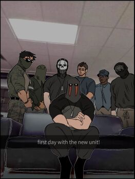 6+boys bara call_of_duty call_of_duty:_modern_warfare_2 character_request couch covered_face crossed_arms gaz_(call_of_duty_4) ghost_(modern_warfare_2) helmet horangi_(modern_warfare_2) instagram instagram_story konig_(call_of_duty) male_focus mask meme_request multiple_boys muscular muscular_male on_couch pants photo_background shirt sitting soap_(modern_warfare_2) sunglasses surrounded waxxed_doghouse