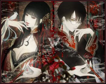 1boy 1girl absurdres animal animal_on_hand animal_print beads bird bird_on_hand black_border black_hair black_robe blue_eyes blunt_bangs blurry border breasts brooch bug butterfly butterfly_brooch butterfly_print clamp_(circle)_(style) cleavage commentary crescent depth_of_field earrings embroidery english_commentary eyelashes finger_to_mouth fingernails floral_background floral_print flower glasses hair_ornament hand_up heterochromia highres hime_cut holding holding_smoking_pipe ichihara_yuuko insect japanese_clothes jewelry kimono kiseru lace_trim long_fingernails long_hair long_sleeves looking_afar looking_at_viewer multiple_earrings pale_skin parted_lips pendant red_border red_eyes red_flower red_lips red_nails robe round_eyewear satsuki_kei shawl short_hair sidelocks smile smoke smoking_pipe spider_lily spider_lily_print split_screen straight_hair tassel tassel_hair_ornament upper_body watanuki_kimihiro xxxholic yellow_eyes