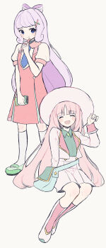 2girls ^_^ bag blue_eyes boots bow closed_eyes closed_mouth collared_shirt dress full_body green_bag green_shirt green_shoes hair_bow hair_ornament hairclip hand_up hat highres holding holding_notepad holding_pen jacket kaxxxxx_324 kneehighs long_hair looking_at_another multiple_girls nib_pen_(object) notepad open_clothes open_jacket open_mouth pen pinafore_dress pink_eyes pleated_skirt puffy_short_sleeves puffy_sleeves purple_bow purple_hair puyopuyo puyopuyo_quest red_dress seo_(puyopuyo) seo_(seolina)_(puyopuyo) shirt shoes short_sleeves simple_background sitting skirt sleeve_cuffs sleeveless sleeveless_dress smile socks standing sun_hat towa_(puyopuyo) very_long_hair waist_bag white_background white_boots white_hat white_jacket white_shirt white_skirt white_socks x_hair_ornament