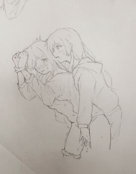 2girls akayukikaede bang_dream! bang_dream!_it's_mygo!!!!! bite_mark bite_mark_on_neck blush chihaya_anon chinese_commentary commentary_request fang fingering graphite_(medium) greyscale highres monochrome multiple_girls nagasaki_soyo navel open_mouth panties panties_around_leg pussy_juice restrained sidelocks traditional_media underwear yuri