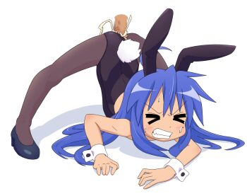>_< 1girl ass bent_over blue_hair censored clenched_teeth cum cum_string green_eyes izumi_konata large_penis long_hair lucky_star not_call pantyhose penis playboy rabbit_ears sex sex_from_behind solo teeth very_long_hair