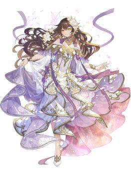 1girl anna_sehnsucht ballet_slippers brown_hair bug butterfly crystal dairoku_ryouhei flower full_body hair_flower hair_ornament highres insect long_hair looking_at_viewer motokatsu_emoto_(tomokatu) ribbon smile standing transparent_background very_long_hair yellow_eyes