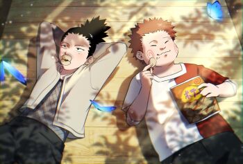2boys akimichi_chouji bag_of_chips bagyuli271 black_eyes black_hair brown_hair bug butterfly chips_(food) closed_mouth food food_in_mouth food_on_face insect jacket long_sleeves lying male_focus multiple_boys nara_shikamaru naruto_(classic) naruto_(series) on_back open_clothes open_jacket potato_chips red_shirt shirt short_hair short_sleeves split-color_clothes two-tone_shirt white_shirt