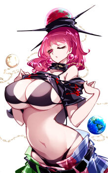 Rule 34 | 1girl, :o, belt, black bra, black panties, black shirt, bra, breasts, clothes lift, commentary, earrings, earth (ornament), expressionless, hands up, hecatia lapislazuli, highres, jewelry, large breasts, looking at viewer, loose skirt, medium hair, midriff, moon (ornament), multicolored skirt, navel, off-shoulder shirt, off shoulder, one eye closed, panties, plaid clothes, plaid skirt, pointy ears, raptor7, red eyes, red hair, shirt, shirt lift, skirt, solo, t-shirt, touhou, underwear, underworld (ornament), white background