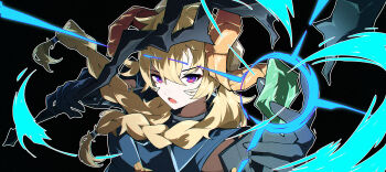 ai_limit blonde_hair blue_cloak cloak curled_horns highres holding holding_staff horns mechanical_arms millaire postalworks single_mechanical_arm staff yellow_horns
