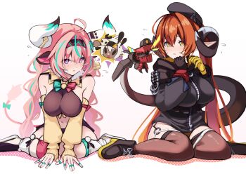 absurdres ahoge animal_ears asymmetrical_gloves braid breasts calamy cow_ears cow_horns curled_horns detached_sleeves ear_bell genshin_impact gloves green_eyes hairband highres horns iansan_(genshin_impact) large_breasts long_hair magus_(zenless_zone_zero) midriff mismatched_gloves navel orange_hair orphie_magnusson pink_hair pointy_ears purple_eyes scolding sitting thighhighs twin_braids varesa_(genshin_impact) wariza zenless_zone_zero